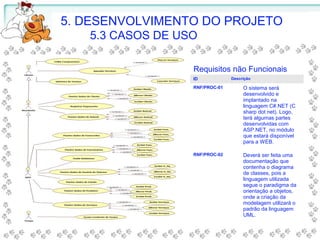 5. DESENVOLVIMENTO DO PROJETO
5.3 CASOS DE USO
ID Descrição
RNF/PROC-01 O sistema será
desenvolvido e
implantado na
linguagem C#.NET (C
sharp dot net). Logo,
terá algumas partes
desenvolvidas com
ASP.NET, no módulo
que estará disponível
para a WEB.
RNF/PROC-02 Deverá ser feita uma
documentação que
contenha o diagrama
de classes, pois a
linguagem utilizada
segue o paradigma da
orientação a objetos,
onde a criação da
modelagem utilizará o
padrão da linguagem
UML.
Requisitos não Funcionais
 