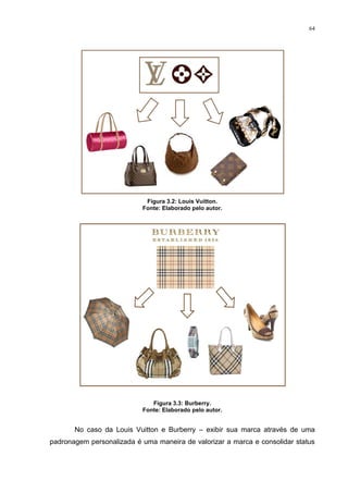 64




                            Figura 3.2: Louis Vuitton.
                           Fonte: Elaborado pelo autor.




                              Figura 3.3: Burberry.
                           Fonte: Elaborado pelo autor.


       No caso da Louis Vuitton e Burberry – exibir sua marca através de uma
padronagem personalizada é uma maneira de valorizar a marca e consolidar status
 