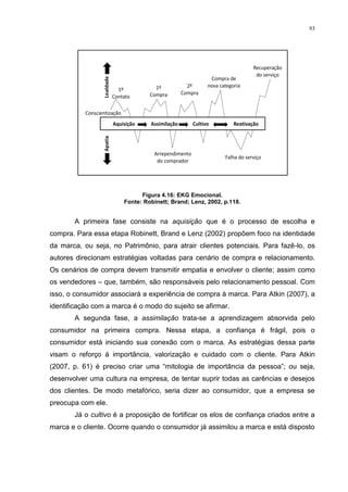 93




                             Figura 4.16: EKG Emocional.
                       Fonte: Robinett; Brand; Lenz, 2002, p.118.


       A primeira fase consiste na aquisição que é o processo de escolha e
compra. Para essa etapa Robinett, Brand e Lenz (2002) propõem foco na identidade
da marca, ou seja, no Patrimônio, para atrair clientes potenciais. Para fazê-lo, os
autores direcionam estratégias voltadas para cenário de compra e relacionamento.
Os cenários de compra devem transmitir empatia e envolver o cliente; assim como
os vendedores – que, também, são responsáveis pelo relacionamento pessoal. Com
isso, o consumidor associará a experiência de compra à marca. Para Atkin (2007), a
identificação com a marca é o modo do sujeito se afirmar.
       A segunda fase, a assimilação trata-se a aprendizagem absorvida pelo
consumidor na primeira compra. Nessa etapa, a confiança é frágil, pois o
consumidor está iniciando sua conexão com o marca. As estratégias dessa parte
visam o reforço à importância, valorização e cuidado com o cliente. Para Atkin
(2007, p. 61) é preciso criar uma “mitologia de importância da pessoa”; ou seja,
desenvolver uma cultura na empresa, de tentar suprir todas as carências e desejos
dos clientes. De modo metafórico, seria dizer ao consumidor, que a empresa se
preocupa com ele.
       Já o cultivo é a proposição de fortificar os elos de confiança criados entre a
marca e o cliente. Ocorre quando o consumidor já assimilou a marca e está disposto
 