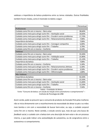 27



II) Busca de Informações:


É de extrema importância que a empresa identifique as fontes de busca de informações dos
seus consumidores, visto que isto auxilia na determinação de comunicações eficazes para os
clientes-alvo, fornecendo um bom direcionamento para o planejamento de mídia. Segundo a
abordagem de Mowen (1995), o consumidor reúne informações sobre a obtenção de um
produto por meio de fontes internas (revisão mental com base em experiências prévias,
observação de certo tipo de produto ou ainda recordação de uma propaganda) e externas
(parentes, amigos, colegas, folhetos, anúncios em revistas, guias de viagem, internet etc.).


As mulheres, de modo geral, têm na internet e nas redes sociais uma importante fonte de
busca de informações sobre produtos, em especial cosméticos. Segundo pesquisa da Sophia
Mind, “As mulheres recorrem à internet para buscar conhecer melhor os produtos de
beleza. Para elas, é uma ferramenta ideal para comparar preços e também pesquisar
algumas dicas de como usar os produtos.”. Além disso, na internet é possível ter acesso às
opiniões de outros usuários. Nessa pesquisa da Sophia Mind, metade das entrevistadas
afirma que sente maior segurança em comprar produtos após saber das opiniões de outras
mulheres que já os utilizaram e comprovam sua qualidade.


Isso é ainda mais forte ao tratar-se de mulheres de faixas etárias mais baixas, público
consumidor da Granado Pink. Como essas mulheres ainda dispõem de bastante tempo livre
(boa parte delas ainda não têm filhos e ainda mora com os pais, não precisando cuidar da
casa), passam diversas horas por dia conectadas e têm forte presença nas redes sociais,
onde gostam de trocar dicas de moda e beleza – de modo que isso gera fortes influências
sobre suas decisões de consumo.


Novamente de acordo com a tese “Consumo de beleza: um estudo da relação entre
automatismo e comportamento”, outra importante fonte de busca de informações sobre
produtos de beleza são as revistas segmentadas de moda e beleza, nas quais os cosméticos
são os produtos mais recomendados como solução de beleza. De acordo com investigações
realizadas na tese, os periódicos tratam a beleza como um fim em si mesmo, sendo que
cerca de 70% do conteúdo apresenta esse direcionamento, contra os outros cerca de 30%
 