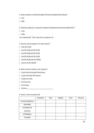 62


6. Você já comprou / costuma comprar produtos da linha Granado Pink ?
( ) Sim
( ) Não
Se a resposta for “não” pule para a pergunta 14.


7. Quanto costuma gastar em cada compra?
( ) Até R$ 15,00
( ) De R$ 16,00 até R$ 35,00
( ) De R$ 36,00 até R$ 45,00
( ) De R$ 46,00 até R$ 55,00
( ) De R$ 56,00 até R$ 100,00
( ) Acima de R$ 100,00


8. Onde costuma realizar suas compras?
( ) Loja Virtual Granado Pharmácias
( ) Lojas Granado Pharmácias
( ) Supermercado
( ) Perfumarias
( ) Farmácias
( ) Outros ______________________________


9. Avalie a linha Granado Pink
                             Excelente        Bom        Regular        Ruim   Péssimo
   Aroma/Fragrância
       Qualidade
 Variedade de produtos
      Embalagens
          Inovação


 10. Quais produtos da Granado Pink você costuma comprar?
 ( ) Cera nutritiva- unhas e cutículas
 ( ) Creme para cutículas
 ( ) Creme para as mãos
 ( ) Esfoliante de Pedra Pomes
 ( ) Gel para pés e pernas cansadas
 ( ) Gel protetor de calos e bolhas
 ( ) Manteiga emoliente
 ( ) Óleo fortalecedor de unhas
 