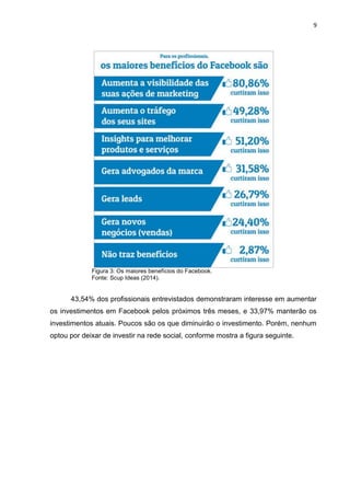 9 
Figura 3: Os maiores benefícios do Facebook. Fonte: Scup Ideas (2014). 
43,54% dos profissionais entrevistados demonstraram interesse em aumentar os investimentos em Facebook pelos próximos três meses, e 33,97% manterão os investimentos atuais. Poucos são os que diminuirão o investimento. Porém, nenhum optou por deixar de investir na rede social, conforme mostra a figura seguinte.  