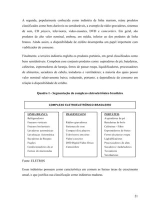 21
A segunda, popularmente conhecida como indústria de linha marrom, reúne produtos
classificados como bens duráveis ou semiduráveis, a exemplo de rádio-gravadores, sistemas
de som, CD players, televisores, video-cassetes, DVD e camcorders. Em geral, são
produtos de alto valor nominal, embora, em média, inferior ao dos produtos de linha
branca. Ainda assim, a disponibilidade de crédito desempenha um papel importante com
viabilizador do consumo.
Finalmente, a terceira indústria engloba os produtos portáteis, em geral classificados como
bens semiduráveis. Compõem esse conjunto produtos como: aspiradores de pó, batedeiras,
cafeteiras, espremedores de laranja, ferros de passar roupa, liquidificadores, processadores
de alimentos, secadores de cabelo, tostadores e ventiladores; a maioria dos quais possui
valor nominal relativamente baixo, reduzindo, portanto, a dependência do consumo em
relação à disponibilidade de crédito.
Quadro 1 - Segmentação do complexo eletroeletrônico brasileiro
LINHA BRANCA IMAGEM ESOM PORTÁTEIS
Refrigeradores Aspiradores de pó
Freezers verticais Rádios -gravadores Batedeiras de bolo
Freezers horizontais Sistemas de s om Cafeteiras - Filtro
Lavadoras automáticas Compact disc players Espremedores de frutas
Lavalouças Automática Televisores em cores Ferros de passar roupa
Secadoras de Roupas Vídeo-cassetes Liqüidificadores
Fogões DVD Digital Video Disco Processadores de alim.
Condicionadores de ar Camcorders Secadores/ modeladores
Fornos de microondas Tostadores
Ventiladores
COMPLEXO ELETROELETRÔNICO BRASILEIRO
Fonte: ELETROS
Essas indústrias possuem como característica em comum as baixas taxas de crescimento
anual, o que justifica sua classificação como indústrias maduras.
 