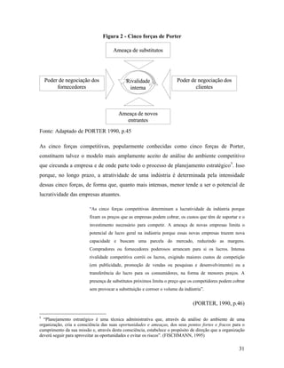 31
Figura 2 - Cinco forças de Porter
Rivalidade
interna
Ameaça de novos
entrantes
Poder de negociação dos
fornecedores
Ameaça de substitutos
Poder de negociação dos
clientes
Rivalidade
interna
Ameaça de novos
entrantes
Poder de negociação dos
fornecedores
Ameaça de substitutos
Poder de negociação dos
clientes
Fonte: Adaptado de PORTER 1990, p.45
As cinco forças competitivas, popularmente conhecidas como cinco forças de Porter,
constituem talvez o modelo mais amplamente aceito de análise do ambiente competitivo
que circunda a empresa e de onde parte todo o processo de planejamento estratégico5
. Isso
porque, no longo prazo, a atratividade de uma indústria é determinada pela intensidade
dessas cinco forças, de forma que, quanto mais intensas, menor tende a ser o potencial de
lucratividade das empresas atuantes.
“As cinco forças competitivas determinam a lucratividade da indústria porque
fixam os preços que as empresas podem cobrar, os custos que têm de suportar e o
investimento necessário para competir. A ameaça de novas empresas limita o
potencial de lucro geral na indústria porque essas novas empresas trazem nova
capacidade e buscam uma parcela do mercado, reduzindo as margens.
Compradores ou fornecedores poderosos arrancam para si os lucros. Intensa
rivalidade competitiva corrói os lucros, exigindo maiores custos de competição
(em publicidade, promoção de vendas ou pesquisas e desenvolvimento) ou a
transferência do lucro para os consumidores, na forma de menores preços. A
presença de substitutos próximos limita o preço que os competidores podem cobrar
sem provocar a substituição e corroer o volume da indústria”.
(PORTER, 1990, p.46)
5
“Planejamento estratégico é uma técnica administrativa que, através da análise do ambiente de uma
organização, cria a consciência das suas oportunidades e ameaças, dos seus pontos fortes e fracos para o
cumprimento da sua missão e, através desta consciência, estabelece o propósito de direção que a organização
deverá seguir para aproveitar as oportunidades e evitar os riscos”. (FISCHMANN, 1995)
 