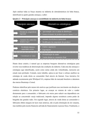 53
Após analisar todas as forças atuantes na indústria de eletrodomésticos de linha branca,
identificam-se quatro grandes ameaças, a saber:
Quadro 2 – Principais ameaças à rentabilidade da indústria de linha branca
Diante desse cenário, é natural que as empresas busquem alternativas estratégicas para
reverter essa tendência de deterioração das condições da indústria. Cada uma das ameaças e
estratégias aqui identificadas, assim como outras ainda não vislumbradas, mereceria um
estudo mais profundo. Contudo, neste trabalho, optou-se por focar o esforço analítico na
estratégia de venda direta ao consumidor final através da Internet. Essa iniciativa foi
adotada recentemente pela Whirlpool S/A, empresa líder do mercado brasileiro e detentora
das marcas Brastemp e Consul.
Podemos identificar pelo menos três motivos que justificam esse movimento em direção ao
comércio eletrônico. Em primeiro lugar, ao avançar no sistema de valor e vender
diretamente para o consumidor, o fabricante cria meios para reduzir sua dependência em
relação ao concentrado varejo tradicional, impondo alguma resistência contra poder de
barganha das grandes redes. Em segundo lugar, através da venda direta ao consumidor o
fabricante obtém margens de lucro mais atrativas, não só pela eliminação do elo varejista,
mas também pela receita financeira advinda do financiamento à pessoa física. Finalmente, o
 