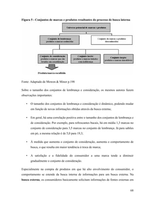 68
Figura 5 - Conjuntos de marcas e produtos resultantes do processo de busca interna
Fonte: Adaptado de Mowen & Minor p.198
Sobre o tamanho dos conjuntos de lembrança e consideração, os mesmos autores fazem
observações importantes:
• O tamanho dos conjuntos de lembrança e consideração é dinâmico, podendo mudar
em função de novas informações obtidas através da busca externa;
• Em geral, há uma correlação positiva entre o tamanho dos conjuntos de lembrança e
de consideração. Por exemplo, para refrescantes bucais, há em média 1,3 marcas no
conjunto de consideração para 3,5 marcas no conjunto de lembrança. Já para sabões
em pó, a mesma relação é de 5,0 para 19,3;
• À medida que aumenta o conjunto de consideração, aumenta o comportamento de
busca, o que resulta em maior tendência à troca de marca;
• A satisfação e a fidelidade do consumidor a uma marca tende a diminuir
gradualmente o conjunto de consideração.
Especialmente na compra de produtos em que há alto envolvimento do consumidor, o
comportamento se estende da busca interna de informações para um busca externa. Na
busca externa, os consumidores basicamente solicitam informações de fontes externas em
 
