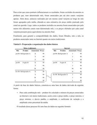 93
Para evitar que casos pontuais influenciassem os resultados, foram excluídos da amostra os
produtos que, num determinado mês, foram anunciados por até dois canais varejistas
apenas. Além disso, anúncios realizados por um mesmo canal varejista ao longo do mês
foram agrupados pela média, obtendo-se uma estimativa do preço médio praticado pelo
canal em questão. Logo, todos os produtos incluídos na amostra foram anunciados por pelo
menos três diferentes canais num determinado mês, e os preços ofertados por cada canal
varejista possuem pesos equivalentes na amostra final.
Finalmente, para garantir a comparabilidade dos dados, foram filtrados, mês a mês, os
produtos anunciados tanto na Internet quanto em meios tradicionais.
Tabela 8 - Preparação e organização dos dados básicos
Mês Produto Anunciante Preço Mês Produto Anunciante Preço
jan/06 Refrigerador A X 99 jan/06 Refrigerador A I 99
Y 99 J 99
Z 99 L 99
jan/06 Fogão B X 99 jan/06 Fogão B I 99
Y 99 J 99
W 99 M 99
fev/06 Refrigerador A X 99 N 99
Y 99 fev/06 Refrigerador A I 99
W 99 J 99
Z 99 L 99
Meios tradicionais Internet
A partir da base de dados básicos, construiu-se uma base de dados derivada da seguinte
forma:
• Para cada combinação mês – produto foi calculado o número de preços anunciados
na Internet e em meios tradicionais, assim como o preço médio, o preço máximo, o
preço mínimo, o desvio padrão, a amplitude, o coeficiente de variação e a
amplitude como percentual da média.
O resultado desse processo foi uma base de dados no seguinte formato:
 