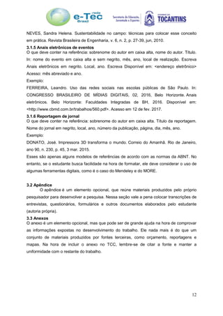 12
NEVES, Sandra Helena. Sustentabilidade no campo: técnicas para colocar esse conceito
em prática. Revista Brasileira de Engenharia, v. 6, n. 2, p. 27-39, jun, 2010.
3.1.5 Anais eletrônicos de eventos
O que deve conter na referência: sobrenome do autor em caixa alta, nome do autor. Título.
In: nome do evento em caixa alta e sem negrito, mês, ano, local de realização. Escreva
Anais eletrônicos em negrito. Local, ano. Escreva Disponível em: <endereço eletrônico>
Acesso: mês abreviado e ano.
Exemplo:
FERREIRA, Leandro. Uso das redes sociais nas escolas públicas de São Paulo. In:
CONGRESSO BRASILEIRO DE MÍDIAS DIGITAIS, 02, 2016, Belo Horizonte. Anais
eletrônicos. Belo Horizonte: Faculdades Integradas de BH, 2016. Disponível em:
<http://www.cbmd.com.br/trabalhos/560.pdf>. Acesso em 12 de fev. 2017.
3.1.6 Reportagem de jornal
O que deve conter na referência: sobrenome do autor em caixa alta. Título da reportagem.
Nome do jornal em negrito, local, ano, número da publicação, página, dia, mês, ano.
Exemplo:
DONATO, José. Impressora 3D transforma o mundo. Correio do Amanhã. Rio de Janeiro,
ano 90, n. 230, p. 45, 3 mar. 2015.
Esses são apenas alguns modelos de referências de acordo com as normas da ABNT. No
entanto, se o estudante busca facilidade na hora de formatar, ele deve considerar o uso de
algumas ferramentas digitais, como é o caso do Mendeley e do MORE.
3.2 Apêndice
O apêndice é um elemento opcional, que reúne materiais produzidos pelo próprio
pesquisador para desenvolver a pesquisa. Nessa seção vale a pena colocar transcrições de
entrevistas, questionários, formulários e outros documentos elaborados pelo estudante
(autoria própria).
3.3 Anexos
O anexo é um elemento opcional, mas que pode ser de grande ajuda na hora de comprovar
as informações expostas no desenvolvimento do trabalho. Ele nada mais é do que um
conjunto de materiais produzidos por fontes terceiras, como orçamento, reportagens e
mapas. Na hora de incluir o anexo no TCC, lembre-se de citar a fonte e manter a
uniformidade com o restante do trabalho.
 