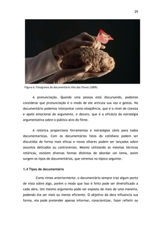 29!
Figura 6: Fotograma do documentário Ilha das Flores (2009).
A pronunciação. Quando uma pessoa está discursando, podemos
considerar que pronunciação é o modo de ele articula sua voz e gestos. No
documentário podemos interpretar como eloqüência, que é o nível de clareza
e apelo emocional do argumento, e decoro, que é a eficácia da estratégia
argumentativa sobre o público alvo do filme.
A retórica proporciona ferramentas e estratégias úteis para todos
documentaristas. Com os documentários fatos do cotidiano podem ser
discutidos de forma mais eficaz e novos olhares podem ser lançados sobre
assuntos delicados ou controversos. Mesmo utilizando as mesmas técnicas
retóricas, existem diversas formas distintas de abordar um tema, assim
surgem os tipos de documentários, que veremos no tópico seguinte.
1.4 Tipos de documentário
Como vimos anteriormente, o documentário sempre traz algum ponto
de vista sobre algo, porém o modo que isso é feito pode ser diversificado a
cada obra. Um mesmo argumento pode ser exposto de mais de uma maneira,
podendo ela ser mais ou menos eficiente. O objetivo da obra influencia sua
forma, ela pode pretender apenas informar, conscientizar, fazer refletir ou
 