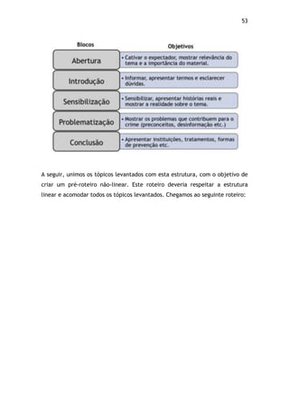 53!
A seguir, unimos os tópicos levantados com esta estrutura, com o objetivo de
criar um pré-roteiro não-linear. Este roteiro deveria respeitar a estrutura
linear e acomodar todos os tópicos levantados. Chegamos ao seguinte roteiro:
 