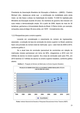 29
Presidente da Associação Brasileira de Educação a Distância – (ABED) - Frederic
Michael Litto., destaca-se ainda que a contribuição da modalidade seria ainda
maior, se não fosse o atraso na implantação do modelo. "A EAD foi rejeitada pelo
Ministério da Educação durante 30 anos. Os membros do governo não incluíam em
suas metas a democratização ampla. Só a partir de 2006, depois de mais de 30
tentativas, ganhamos a Universidade Aberta do Brasil. O Reino Unido, por exemplo,
conquistou esse privilégio 36 anos antes, em 1970". Complementa Litto.
1.2.3 Perspectivas para o ensino superior.
Levando em consideração o crescimento do número de ingressantes,
associada a evolução da taxa de conclusão do ensino superior no Brasil, podemos
fazer uma provisão do número total de matrículas que o setor terá de 2009 à 2010,
conforme gráfico 3.
Se a atual taxa de conclusão (percentual de concluintes em relação às
matrículas iniciais) permanecer em torno de 60%, chegaremos a 2010 com 5,6
milhões de alunos no ensino superior. Se a taxa de conclusão subir para 70%, em
2010 teremos 5,7 milhões de alunos no ensino superior brasileiro, conforme gráfico
abaixo.
Gráfico 3 – Projeção do Número de Matrículas no Ensino Superior Brasileiro
Fonte: Instituto Nacional de Estudos e Pesquisas Educacionais Anísio Teixeira (INEP)
 
