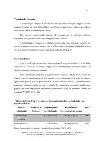 29
Esta obra está licenciada com uma Licença Creative Commons - Atribuição 4.0 Internacional.
Para ver uma cópia da licença, visite https://creativecommons.org/licenses/by/4.0/.
Virtualização Completa
A virtualização completa é uma técnica em que uma instalação completa de uma
máquina é rodada em outra. O resultado é um sistema no qual todo o software que roda no
servidor está dentro de uma máquina virtual.
Este tipo de implementação permite não somente que as aplicações originais
funcionem, mas que os diferentes sistemas operacionais também.
A virtualização é relevante à computação em nuvem porque é uma das maneiras em
que você acessará serviços na nuvem. Isto é, o datacenter remoto pode disponibilizar seus
serviços em um formato inteiramente virtualizado (VELTE, 2012, p.9).
Paravirtualização
A paravirtualização permite que várias operações de sistemas funcionem em um único
dispositivo de hardware ao mesmo tempo, mais eficientemente, utilizando recursos de
sistema, como processadores e memória.
Uma virtualização completa, o sistema inteiro é emulado (BIOS, drive e assim por
diante), mas na paravirtualização, seu módulo de gerenciamento opera com um sistema
operacional que foi ajustado para trabalhar em uma máquina virtual. A paravirtualização
geralmente funciona melhor do que o modelo de virtualização completa, simplesmente
porque, em uma implantação inteiramente virtualizada, todos os elementos devem ser
emulados (VELTE, 2012, p.10).
TABELA 3: Unidade de processamento de energia utilizado na virtualização e na
paravirtualização
Tipo de
virtualização
Instâncias de
Hóspedes
Despesas gerais
de virtulização
Necessidade de
processamento de sistema
Total
Virtualização
completa
5 10% (50% total) 10% (50% total) 100%
Paravirtualização 8 2% (16% total) 10% (50% total) 96%
Fonte: Computação em Nuvem: Uma abordagem prática, (2012, p.11).
 