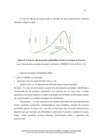 41
Esta obra está licenciada com uma Licença Creative Commons - Atribuição 4.0 Internacional.
Para ver uma cópia da licença, visite https://creativecommons.org/licenses/by/4.0/.
O ciclo de vida de um projeto pode ser dividido em fases características, conforme
ilustrado na figura a seguir.
Figura 9: O ciclo de vida do projeto subdividido em fases ou Grupos de Processo
Fonte: Manual prático do plano de projeto: utilizando o PMBOK® Guide, (2014, p. 13).
Cada fase do projeto normalmente define:
• qual é o trabalho a ser realizado;
• quem deve estar envolvido (VIANA, 2014, p. 13).
VIANA (2014, p. 14) apresenta uma definição dessas 5 fases do projeto:
Iniciação – É a fase inicial do projeto, quando uma determinada necessidade é identificada e
transformada em um problema estruturado a ser resolvido por ele. Nessa fase, a missão
(justificativa ou caso de negócio) e o objetivo do projeto são definidos, os documentos iniciais
são confeccionados e as melhores estratégias são identificadas.
Planejamento – É a fase responsável por detalhar tudo aquilo que será realizado pelo
projeto, incluindo cronogramas, interdependências entre atividades, alocação dos recursos
envolvidos, análises de custos e etc., para que, no final dessa fase, ele esteja suficientemente
detalhado para ser executado sem dificuldades e imprevistos. Nessa fase, os planos de escopo,
tempo, custos, qualidade, recursos humanos, comunicações, riscos e aquisições são
desenvolvidos.
 