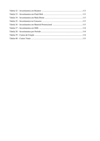 Tabela 32 – Investimentos em Busdoor .................................................................................113
Tabela 33 – Investimentos em Flash Mob .............................................................................113
Tabela 34 – Investimentos em Mala-Direta ...........................................................................113
Tabela 35 – Investimentos no Concurso ................................................................................113
Tabela 36 – Investimentos em Material Promocional ...........................................................113
Tabela 37 – Investimentos em SMS ......................................................................................114
Tabela 38 – Investimentos por Período ..................................................................................114
Tabela 39 – Custos de Criação ...............................................................................................114
Tabela 40 – Custos Totais ......................................................................................................115
 