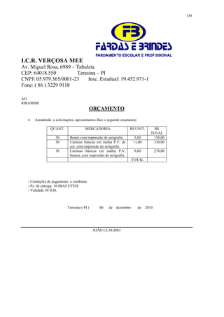158




I.C.R. VERÇOSA MEE
Av. Miguel Rosa, 6989 – Tabuleta
CEP: 64018.550          Teresina – PI
CNPJ: 05.979.365/0001-23     Insc. Estadual: 19.452.971-1
Fone: ( 86 ) 3229 9118

AO
RIBAMAR
                                           ORÇAMENTO

      Atendendo a solicitações, apresentamos-lhes o seguinte orçamento:

                QUANT.                 MERCADORIA                   R$ UNIT.         R$
                                                                                   TOTAL
                    30       Bonés com impressão de serigrafia.       5,00          150,00
                    30       Camisas básicas em malha P.V, de        11,00          330,00
                             cor, com impressão de serigrafia.
                    30       Camisas básicas em malha P.V,            9,00             270,00
                             branca, com impressão de serigrafia.
                                                                    TOTAL




   - Condições de pagamento: a combinar.
   - Pz. de entrega: 10 DIAS ÚTEIS
   - Validade 30 D.D.



                           Teresina ( PI )      06    de dezembro          de   2010




                                             JOÃO CLAUDIO
 