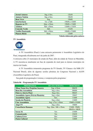 40




   Jornal Antares                      Seg. à Sex.                     12h30
   Antares Notícia                     Seg. à Sex.                     18h30
   Bem Viver                               Seg.                        19h00
   Interferência                        Ter. e Sáb.                19h00 e 12h00
   Repente na TV                       Qua. e Dom.                 19h00 e 11h00
   Teleleco                            Sáb. e Dom.                 11h00 e 11h30
   Conexão Verde                           Sáb.                        11h30
   Teófilo Piauizando                  Sáb. e Dom.                 18h00 e 21h00
   Planeta Bicho                          Dom.                         12h00
                                                             Tabela elaborada pelos autores
TV Assembleia




       A TV Assembleia (Piauí) é uma emissora pertencente à Assembleia Legislativa do
Piauí, inaugurada oficialmente em 6 de junho de 2007.
A emissora cobre 23 municípios do estado do Piauí, além da cidade de Timon no Maranhão.
A TV encontra-se atualmente em fase de expansão do sinal para os demais municípios do
interior do Estado.
       A TV Assembleia retransmite programas da TV Senado, TV Câmara e da NBR (TV
Nacional Brasil), além de algumas sessões plenárias do Congresso Nacional e ALEPI
(Assembleia Legislativa do Piauí).
   Sua grade de programação é extensa, e composta pelos programas:

Tabela 06 – Programação TV Assembleia
             PROGRAMAS                      DIA DA SEMANA                HORÁRIOS
   Missa Nossa Sra. Perpétuo Socorro             Seg. à Dom.               06h30
   Bom Dia Assembleia                            Seg. a Sex.               08h00
   Palavra Aberta Piauí                           Seg a Sex.               08h45
   Assembleia Agora (Prévia Plenária)            Seg. a Qui.               10h45
   Assembleia Agora                                 Sex.                   11h00
   Sessão do Plenário                            Seg. a Qui.               11h00
   Cine Assembleia                           Seg. a Ter. e Dom          15h00 e 01h00
   Alepi TV                                      Seg. a Sex.               18h00
   Consciência Humana                      Seg., Qua., Sáb. e Dom.      21h00, 19h00,
                                                                        08h30 e 10h30
   Sarau 16                                           Ter.                 21h00
   Comunicando                                        Ter.                 22h30
   Cultura Livre                                      Qui.                 21h00
   Pauta Cultural                                     Sex.                 12h00
 