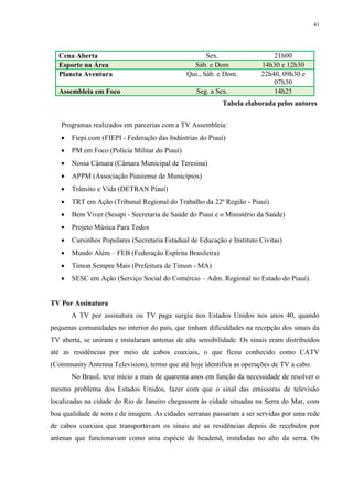 41




  Cena Aberta                                         Sex.                  21h00
  Esporte na Área                                Sáb. e Dom             14h30 e 12h30
  Planeta Aventura                             Qui., Sáb. e Dom.        22h40, 09h30 e
                                                                            07h30
  Assembleia em Foco                              Seg. a Sex.               14h25
                                                           Tabela elaborada pelos autores


   Programas realizados em parcerias com a TV Assembleia:
      Fiepi.com (FIEPI - Federação das Indústrias do Piauí)
      PM em Foco (Polícia Militar do Piauí)
      Nossa Câmara (Câmara Municipal de Teresina)
      APPM (Associação Piauiense de Municípios)
      Trânsito e Vida (DETRAN Piauí)
      TRT em Ação (Tribunal Regional do Trabalho da 22ª Região - Piauí)
      Bem Viver (Sesapi - Secretaria de Saúde do Piauí e o Ministério da Saúde)
      Projeto Música Para Todos
      Cursinhos Populares (Secretaria Estadual de Educação e Instituto Civitas)
      Mundo Além – FEB (Federação Espírita Brasileira)
      Timon Sempre Mais (Prefeitura de Timon - MA)
      SESC em Ação (Serviço Social do Comércio – Adm. Regional no Estado do Piauí).


TV Por Assinatura
       A TV por assinatura ou TV paga surgiu nos Estados Unidos nos anos 40, quando
pequenas comunidades no interior do país, que tinham dificuldades na recepção dos sinais da
TV aberta, se uniram e instalaram antenas de alta sensibilidade. Os sinais eram distribuídos
até as residências por meio de cabos coaxiais, o que ficou conhecido como CATV
(Community Antenna Television), termo que até hoje identifica as operações de TV a cabo.
       No Brasil, teve início a mais de quarenta anos em função da necessidade de resolver o
mesmo problema dos Estados Unidos, fazer com que o sinal das emissoras de televisão
localizadas na cidade do Rio de Janeiro chegassem às cidade situadas na Serra do Mar, com
boa qualidade de som e de imagem. As cidades serranas passaram a ser servidas por uma rede
de cabos coaxiais que transportavam os sinais até as residências depois de recebidos por
antenas que funcionavam como uma espécie de headend, instaladas no alto da serra. Os
 