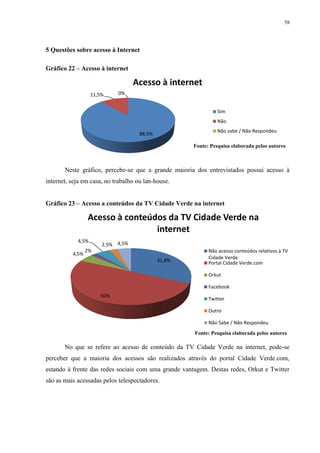 58




5 Questões sobre acesso à Internet

Gráfico 22 – Acesso à internet

                                   Acesso à internet
                   11,5%    0%


                                                               Sim
                                                               Não
                                                               Não sabe / Não Respondeu
                                     88,5%

                                                     Fonte: Pesquisa elaborada pelos autores



       Neste gráfico, percebe-se que a grande maioria dos entrevistados possui acesso à
internet, seja em casa, no trabalho ou lan-house.


Gráfico 23 – Acesso a conteúdos da TV Cidade Verde na internet

                 Acesso à conteúdos da TV Cidade Verde na
                                 internet
            4,5%
                       2,5% 4,5%
                 2%                                        Não acesso conteúdos relativos à TV
          4,5%
                                                           Cidade Verde
                                             31,8%         Portal Cidade Verde.com

                                                           Orkut

                                                           Facebook
                      50%
                                                           Twitter

                                                           Outro

                                                           Não Sabe / Não Respondeu
                                                      Fonte: Pesquisa elaborada pelos autores

       No que se refere ao acesso de conteúdo da TV Cidade Verde na internet, pode-se
perceber que a maioria dos acessos são realizados através do portal Cidade Verde.com,
estando à frente das redes sociais com uma grande vantagem. Destas redes, Orkut e Twitter
são as mais acessadas pelos telespectadores.
 