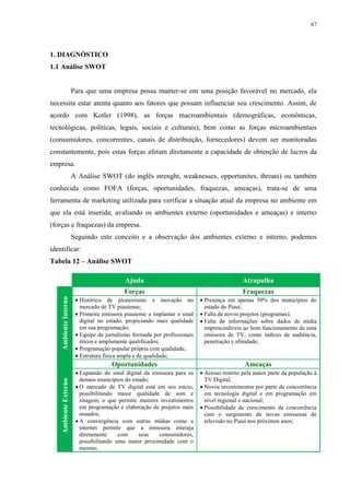 67




1. DIAGNÓSTICO
1.1 Análise SWOT


                       Para que uma empresa possa manter-se em uma posição favorável no mercado, ela
necessita estar atenta quanto aos fatores que possam influenciar seu crescimento. Assim, de
acordo com Kotler (1998), as forças macroambientais (demográficas, econômicas,
tecnológicas, políticas, legais, sociais e culturais), bem como as forças microambientais
(consumidores, concorrentes, canais de distribuição, fornecedores) devem ser monitoradas
constantemente, pois estas forças afetam diretamente a capacidade de obtenção de lucros da
empresa.
                       A Análise SWOT (do inglês strenght, weaknesses, opportunites, threats) ou também
conhecida como FOFA (forças, oportunidades, fraquezas, ameaças), trata-se de uma
ferramenta de marketing utilizada para verificar a situação atual da empresa no ambiente em
que ela está inserida; avaliando os ambientes externo (oportunidades e ameaças) e interno
(forças e fraquezas) da empresa.
                       Seguindo este conceito e a observação dos ambientes externo e interno, podemos
identificar:
Tabela 12 – Análise SWOT

                                            Ajuda                                            Atrapalha
                                            Forças                                           Fraquezas
                         Histórico de pioneirismo e inovação no             Presença em apenas 50% dos municípios do
    Ambiente Interno




                          mercado de TV piauiense;                            estado do Piauí;
                         Primeira emissora piauiense a implantar o sinal    Falta de novos projetos (programas);
                          digital no estado, propiciando mais qualidade      Falta de informações sobre dados de mídia
                          em sua programação;                                 imprescindíveis ao bom funcionamento de uma
                         Equipe de jornalismo formada por profissionais      emissora de TV, como índices de audiência,
                          éticos e amplamente qualificados;                   penetração e afinidade;
                         Programação popular própria com qualidade;
                         Estrutura física ampla e de qualidade;
                                       Oportunidades                                          Ameaças
                         Expansão do sinal digital da emissora para os      Acesso restrito pela maior parte da população à
                          demais municípios do estado;                        TV Digital;
    Ambiente Externo




                         O mercado de TV digital está em seu início,        Novos investimentos por parte da concorrência
                          possibilitando maior qualidade de som e             em tecnologia digital e em programação em
                          imagem, o que permite maiores investimentos         nível regional e nacional;
                          em programação e elaboração de projetos mais       Possibilidade de crescimento da concorrência
                          ousados;                                            com o surgimento de novas emissoras de
                         A convergência com outras mídias como a             televisão no Piauí nos próximos anos;
                          internet permite que a emissora interaja
                          diretamente     com     seus   consumidores,
                          possibilitando uma maior proximidade com o
                          mesmo;
 