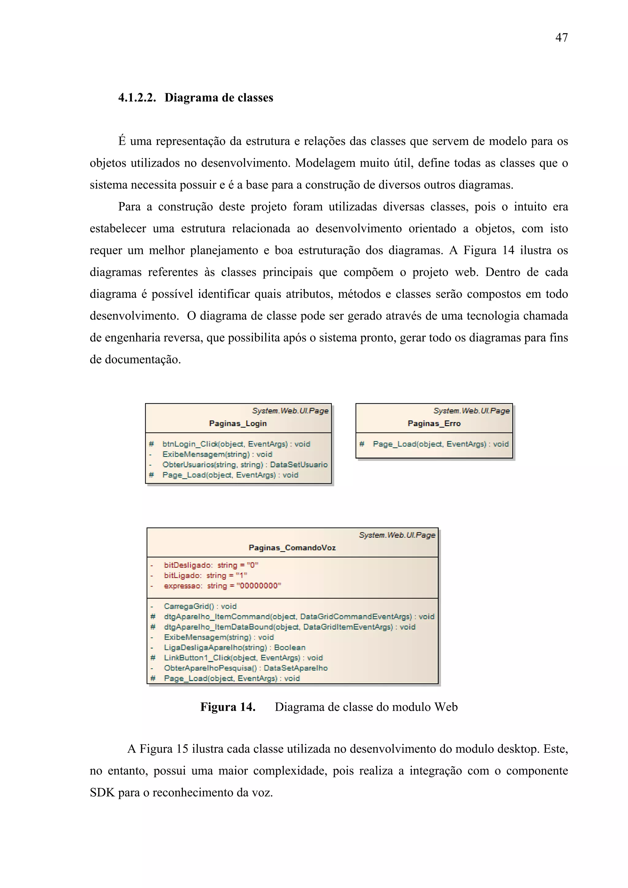 47



     4.1.2.2. Diagrama de classes


     É uma representação da estrutura e relações das classes que servem de modelo para os
objetos utilizados no desenvolvimento. Modelagem muito útil, define todas as classes que o
sistema necessita possuir e é a base para a construção de diversos outros diagramas.
     Para a construção deste projeto foram utilizadas diversas classes, pois o intuito era
estabelecer uma estrutura relacionada ao desenvolvimento orientado a objetos, com isto
requer um melhor planejamento e boa estruturação dos diagramas. A Figura 14 ilustra os
diagramas referentes às classes principais que compõem o projeto web. Dentro de cada
diagrama é possível identificar quais atributos, métodos e classes serão compostos em todo
desenvolvimento. O diagrama de classe pode ser gerado através de uma tecnologia chamada
de engenharia reversa, que possibilita após o sistema pronto, gerar todo os diagramas para fins
de documentação.




                     Figura 14.     Diagrama de classe do modulo Web


       A Figura 15 ilustra cada classe utilizada no desenvolvimento do modulo desktop. Este,
no entanto, possui uma maior complexidade, pois realiza a integração com o componente
SDK para o reconhecimento da voz.
 