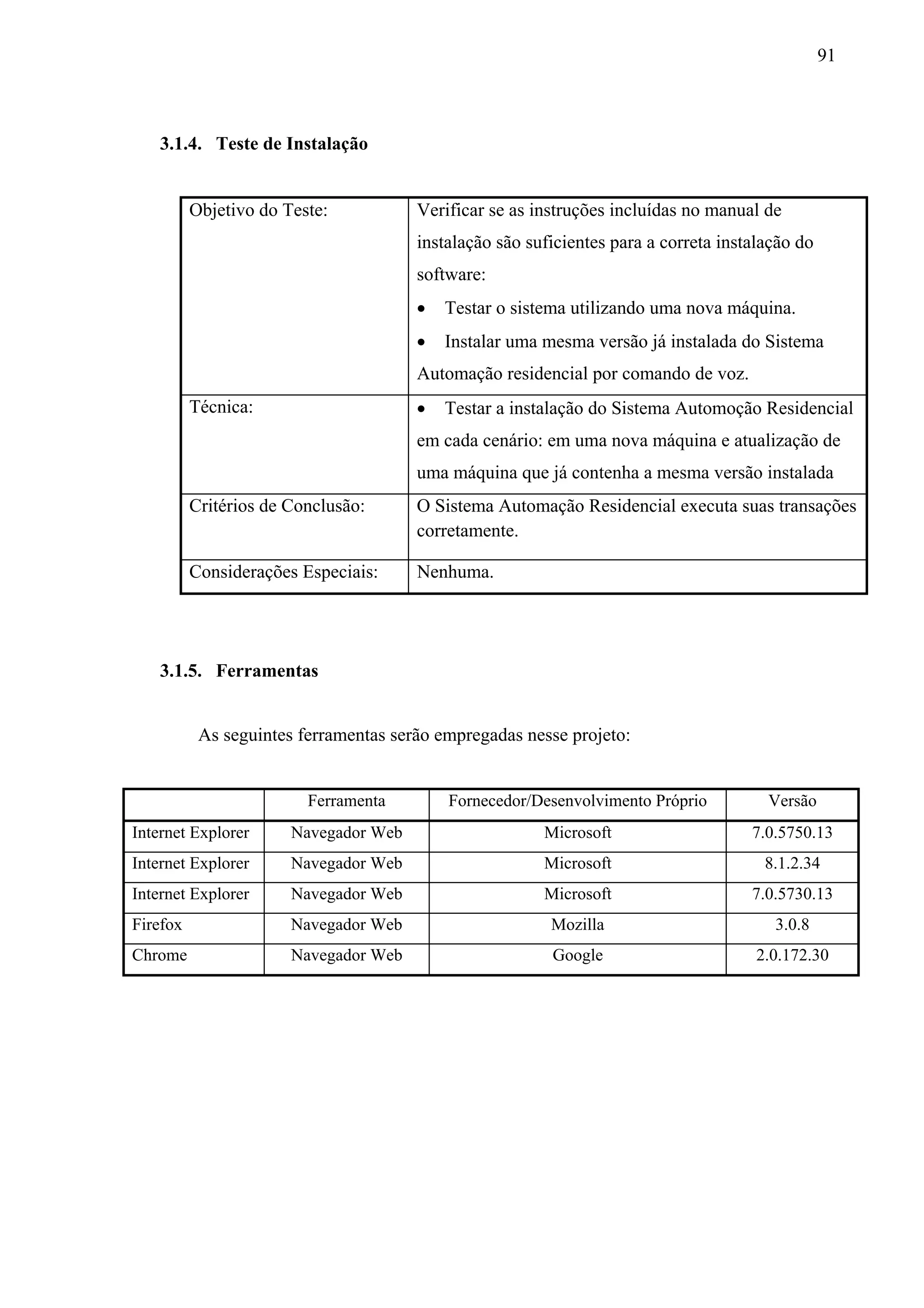 91



    3.1.4. Teste de Instalação


          Objetivo do Teste:           Verificar se as instruções incluídas no manual de
                                       instalação são suficientes para a correta instalação do
                                       software:
                                          Testar o sistema utilizando uma nova máquina.
                                          Instalar uma mesma versão já instalada do Sistema
                                       Automação residencial por comando de voz.
          Técnica:                        Testar a instalação do Sistema Automoção Residencial
                                       em cada cenário: em uma nova máquina e atualização de
                                       uma máquina que já contenha a mesma versão instalada
          Critérios de Conclusão:      O Sistema Automação Residencial executa suas transações
                                       corretamente.

          Considerações Especiais:     Nenhuma.




    3.1.5. Ferramentas


           As seguintes ferramentas serão empregadas nesse projeto:


                         Ferramenta        Fornecedor/Desenvolvimento Próprio          Versão
Internet Explorer      Navegador Web                    Microsoft                    7.0.5750.13
Internet Explorer      Navegador Web                    Microsoft                      8.1.2.34
Internet Explorer      Navegador Web                    Microsoft                    7.0.5730.13
Firefox                Navegador Web                     Mozilla                        3.0.8
Chrome                 Navegador Web                     Google                       2.0.172.30
 