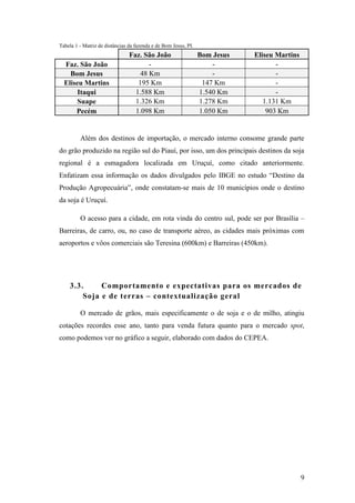 Tabela 1 - Matriz de distâncias da fazenda e de Bom Jesus, PI.
                                Faz. São João                    Bom Jesus   Eliseu Martins
  Faz. São João                        -                             -              -
    Bom Jesus                       48 Km                            -              -
  Eliseu Martins                   195 Km                         147 Km            -
       Itaqui                     1.588 Km                       1.540 Km           -
       Suape                      1.326 Km                       1.278 Km       1.131 Km
      Pecém                       1.098 Km                       1.050 Km        903 Km


         Além dos destinos de importação, o mercado interno consome grande parte
do grão produzido na região sul do Piauí, por isso, um dos principais destinos da soja
regional é a esmagadora localizada em Uruçuí, como citado anteriormente.
Enfatizam essa informação os dados divulgados pelo IBGE no estudo “Destino da
Produção Agropecuária”, onde constatam-se mais de 10 municípios onde o destino
da soja é Uruçuí.

         O acesso para a cidade, em rota vinda do centro sul, pode ser por Brasília –
Barreiras, de carro, ou, no caso de transporte aéreo, as cidades mais próximas com
aeroportos e vôos comerciais são Teresina (600km) e Barreiras (450km).




    3.3.     Comportamento e expectativas para os mercados de
        Soja e de terras – contextualização geral

         O mercado de grãos, mais especificamente o de soja e o de milho, atingiu
cotações recordes esse ano, tanto para venda futura quanto para o mercado spot,
como podemos ver no gráfico a seguir, elaborado com dados do CEPEA.




                                                                                              9
 