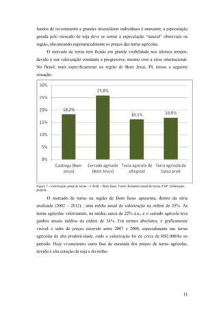 fundos de investimento e grandes investidores individuais é marcante, a especulação
gerada pelo mercado de soja deve se somar à especulação “natural” observada na
região, alavancando exponencialmente os preços das terras agrícolas.
       O mercado de terras tem ficado em grande visibilidade nos últimos tempos,
devido à sua valorização constante e progressiva, mesmo com a crise internacional.
No Brasil, mais especificamente na região de Bom Jesus, PI, temos a seguinte
situação:




Figura 7 - Valorização anual de terras – CAGR – Bom Jesus. Fonte: Relatório anual de terras, FNP. Elaboração
própria.

       O mercado de terras na região de Bom Jesus apresenta, dentro da série
analisada (2002 – 2012) , uma média anual de valorização na ordem de 25%. As
terras agrícolas valorizaram, na média, cerca de 22% a.a., e o cerrado agrícola teve
ganhos anuais médios da ordem de 34%. Em termos absolutos, é graficamente
visível o salto de preços ocorrido entre 2007 e 2008, especialmente nas terras
agrícolas de alta produtividade, onde a valorização foi de cerca de R$2.000/ha no
período. Hoje vivenciamos outra fase de escalada dos preços de terras agrícolas,
devido à alta cotação da soja e do milho.




                                                                                                           11
 
