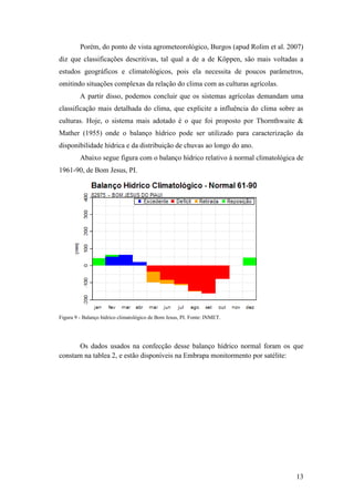 Porém, do ponto de vista agrometeorológico, Burgos (apud Rolim et al. 2007)
diz que classificações descritivas, tal qual a de a de Köppen, são mais voltadas a
estudos geográficos e climatológicos, pois ela necessita de poucos parâmetros,
omitindo situações complexas da relação do clima com as culturas agrícolas.
         A partir disso, podemos concluir que os sistemas agrícolas demandam uma
classificação mais detalhada do clima, que explicite a influência do clima sobre as
culturas. Hoje, o sistema mais adotado é o que foi proposto por Thornthwaite &
Mather (1955) onde o balanço hídrico pode ser utilizado para caracterização da
disponibilidade hídrica e da distribuição de chuvas ao longo do ano.
         Abaixo segue figura com o balanço hídrico relativo à normal climatológica de
1961-90, de Bom Jesus, PI.




Figura 9 - Balanço hídrico climatológico de Bom Jesus, PI. Fonte: INMET.




       Os dados usados na confecção desse balanço hídrico normal foram os que
constam na tablea 2, e estão disponíveis na Embrapa monitormento por satélite:




                                                                                  13
 