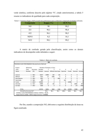 verde sintética, conforme descrito pelo algitmo “b”, citado anteriormente), a tabela 5
resume os indicadores de qualidade para cada composição..

Tabela 5 - Estatística Kappa e OCP (overall class performance) para as diferentes composições de bandas analisadas.
                  Composição                        Kappa (%)                        OCP (%)
                         543                              98                            99,2
                         321                             96,1                           98,4
                         432                             96,1                           98,5
                       NDVI                               8,2                           16,1
                        5432                             98,1                           99,2



       A matriz de confusão gerada pela classificação, assim como os demais
indicadores de desempenho estão tabulados a seguir:



                                            Tabela 6 - Matriz de confusão.
                                                           543
TRAINING CLASS PERFORMANCE (Resubstitution Method)

  Project           Reference             Number of Samples in Class
  Class             Class     Accuracy+ Number         1          2     3       4       5                  6        7
  Name              Number (%)          Samples Lavoura Milheto Solo Exposto
                                                                           Queimada Fundo             Desmate Cerrado

  Lavoura                   1   98.0        16327      15999       202        126       0         0        0        0
  Milheto                   2   99.7         9315         27      9286          0       0         0        2        0
  Solo Exposto              3   99.6         2051          9         0       2042       0         0        0        0
  Queimada                  4   98.6          663          0         7          0     654         0        2        0
  Fundo                     5   100.0      145905          0         0          0       0    145905        0        0
  Desmate                   6   92.5        13844         21       165          0       0         0    12801      857
  Cerrado                   7   96.9         5640          0         0          0       0         0      175     5465

         TOTAL                              193745      16056     9660    2168         654   145905    12980    6322
          Reliability Accuracy (%)*                     99.6     96.1    94.2       100.0    100.0     98.6    86.4
   OVERALL CLASS PERFORMANCE (192152 / 193745 ) = 99.2%
   Kappa Statistic (X100) = 98.0%. Kappa Variance = 0.000000.




            Por fim, usando a composição 543, obtivemos a seguinte distribuição de áreas na
figura analisada:




                                                                                                                 43
 