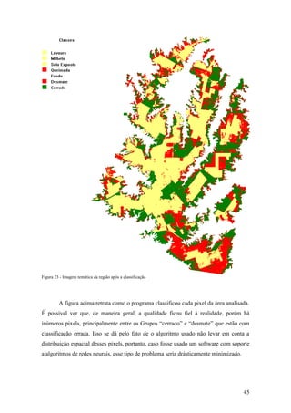Figura 23 - Imagem temática da região após a classificação




         A figura acima retrata como o programa classificou cada pixel da área analisada.
É possível ver que, de maneira geral, a qualidade ficou fiel à realidade, porém há
inúmeros pixels, principalmente entre os Grupos “cerrado” e “desmate” que estão com
classificação errada. Isso se dá pelo fato de o algoritmo usado não levar em conta a
distribuição espacial desses pixels, portanto, caso fosse usado um software com soporte
a algoritmos de redes neurais, esse tipo de problema seria drásticamente minimizado.




                                                                                       45
 