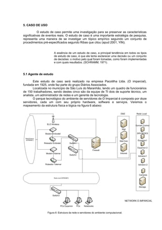 5. CASO DE USO
O estudo de caso permite uma investigação para se preservar as características
significativas de eventos reais. O estudo de caso é uma importante estratégia de pesquisa,
representa uma maneira de se investigar um tópico empírico seguindo um conjunto de
procedimentos pré-especificados segundo Ribas que citou (apud 2001, YIN).

A essência de um estudo de caso, a principal tendência em todos os tipos
de estudo de caso, é que ela tenta esclarecer uma decisão ou um conjunto
de decisões: o motivo pelo qual foram tomadas, como foram implementadas
e com quais resultados. (SCHRAMM, 1971).

5.1 Agente de estudo
Este estudo de caso será realizado na empresa Pacotilha Ltda. (O imparcial),
fundada em 1925, onde faz parte do grupo Diários Associados.
Localizada no município de São Luís do Maranhão, tendo um quadro de funcionários
de 150 trabalhadores, sendo destes cinco são da equipe de TI dois de suporte técnico, um
analista, um administrador de redes e um gerente de tecnologia.
O parque tecnológico do ambiente de servidores de O Imparcial é composto por doze
servidores, cada um com seu próprio hardware, software e serviços. Veremos o
mapeamento da estrutura física e lógica na figura 6 abaixo:

Figura 6: Estrutura da rede e servidores do ambiente computacional.

 