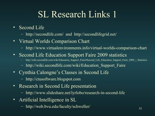 SL Research Links 1 Second Life  http://secondlife.com/  and  http://secondlifegrid.net/ Virtual Worlds Comparison Chart http://www.virtualenvironments.info/virtual-worlds-comparison-chart Second Life Education Support Faire 2009 statistics http://wiki.secondlife.com/wiki/Education_Support_Faire#Second_Life_Education_Support_Faire_2009_-_Statistics http://wiki.secondlife.com/wiki/Education_Support_Faire Cynthia Calongne’s Classes in Second Life http://ctusoftware.blogspot.com Research in Second Life presentation http://www.slideshare.net/lyrlobo/research-in-second-life Artificial Intelligence in SL http://web.bvu.edu/faculty/schweller/ 
