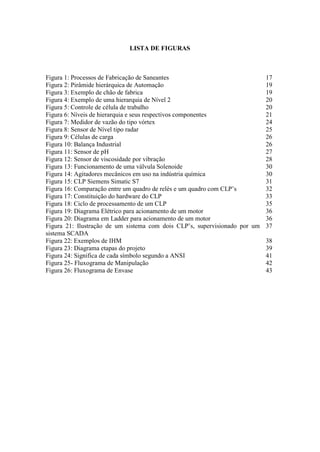 LISTA DE FIGURAS
Figura 1: Processos de Fabricação de Saneantes
Figura 2: Pirâmide hierárquica de Automação
Figura 3: Exemplo de chão de fabrica
Figura 4: Exemplo de uma hierarquia de Nível 2
Figura 5: Controle de célula de trabalho
Figura 6: Níveis de hierarquia e seus respectivos componentes
Figura 7: Medidor de vazão do tipo vórtex
Figura 8: Sensor de Nível tipo radar
Figura 9: Células de carga
Figura 10: Balança Industrial
Figura 11: Sensor de pH
Figura 12: Sensor de viscosidade por vibração
Figura 13: Funcionamento de uma válvula Solenoide
Figura 14: Agitadores mecânicos em uso na indústria química
Figura 15: CLP Siemens Simatic S7
Figura 16: Comparação entre um quadro de relés e um quadro com CLP’s
Figura 17: Constituição do hardware do CLP
Figura 18: Ciclo de processamento de um CLP
Figura 19: Diagrama Elétrico para acionamento de um motor
Figura 20: Diagrama em Ladder para acionamento de um motor
Figura 21: Ilustração de um sistema com dois CLP’s, supervisionado por um
sistema SCADA
Figura 22: Exemplos de IHM
Figura 23: Diagrama etapas do projeto
Figura 24: Significa de cada símbolo segundo a ANSI
Figura 25- Fluxograma de Manipulação
Figura 26: Fluxograma de Envase
17
19
19
20
20
21
24
25
26
26
27
28
30
30
31
32
33
35
36
36
37
38
39
41
42
43
 