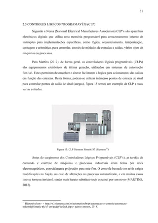 31
2.5 CONTROLES LOGÍCOS PROGRAMAVÉIS (CLP)
Segundo a Nema (National Electrical Manufactures Association) CLP’s são aparelhos
eletrônicos digitais que utiliza uma memória programável para armazenamento interno de
instruções para implementações específicas, como lógica, sequenciamento, temporização,
contagem e aritmética, para controlar, através de módulos de entradas e saídas, vários tipos de
máquinas ou processos.
Para Martins (2012), de forma geral, os controladores lógicos programáveis (CLPs)
são equipamentos eletrônicos de última geração, utilizados em sistemas de automação
flexível. Estes permitem desenvolver e alterar facilmente a lógica para acionamento das saídas
em função das entradas. Desta forma, podem-se utilizar inúmeros pontos de entrada de sinal
para controlar pontos de saída de sinal (cargas), figura 15 temos um exemplo de CLP e suas
varias entradas.
Figura 15: CLP Siemens Simatic S7 (Siemens11
)
Antes do surgimento dos Controladores Lógicos Programáveis (CLP’s), as tarefas de
comando e controle de máquinas e processos industriais eram feitas por relés
eletromagnéticos, especialmente projetados para este fim. O controle baseado em relés exigia
modificações na fiação, no caso de alterações no processo automatizado, e em muitos casos
isso se tornava inviável, sendo mais barato substituir todo o painel por um novo (MARTINS,
2012).
11
Disponivel em - < http://w3.siemens.com.br/automation/br/pt/automacao-e-controle/automacao-
industrial/simatic-plc/s7-cm/pages/default.aspx> acesso em nov, 2014.
 