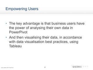 Empowering UsersThe key advantage is that business users have the power of analysing their own data in PowerPivotAnd then visualising their data, in accordance with data visualisation best practices, using Tableau126/6/2011Using Tableau with PowerPivot