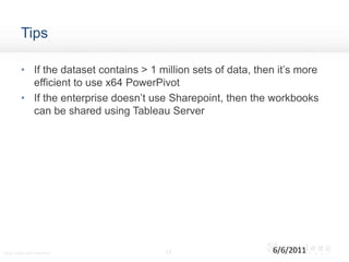 TipsIf the dataset contains > 1 million sets of data, then it’s more efficient to use x64 PowerPivotIf the enterprise doesn’t use Sharepoint, then the workbooks can be shared using Tableau Server136/6/2011Using Tableau with PowerPivot