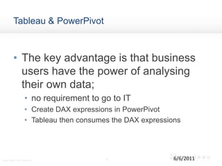 Tableau & PowerPivotThe key advantage is that business users have the power of analysing their own data; no requirement to go to ITCreate DAX expressions in PowerPivotTableau then consumes the DAX expressions56/6/2011Using Tableau with PowerPivot