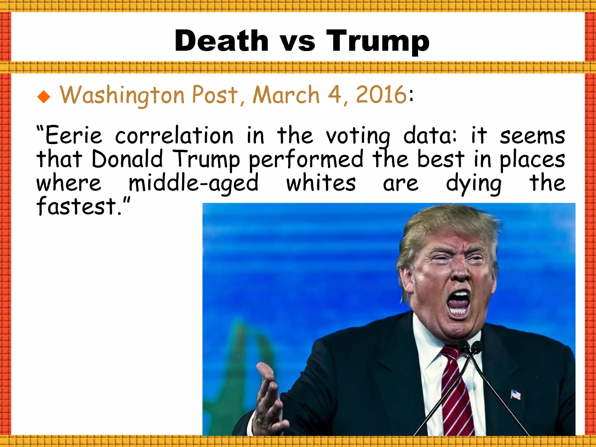  Washington Post, March 4, 2016:
“Eerie correlation in the voting data: it seems
that Donald Trump performed the best in places
where middle-aged whites are dying the
fastest.”
Death vs Trump
 