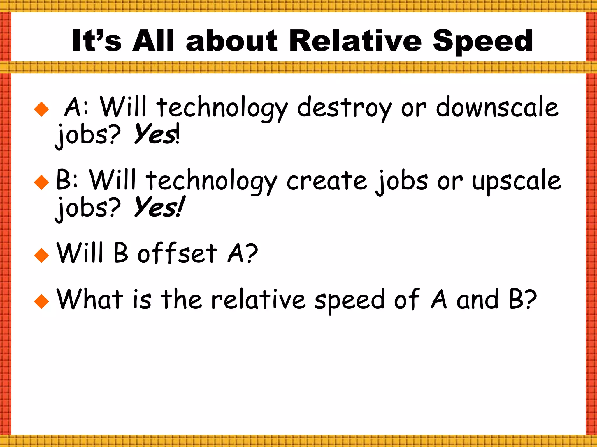  A: Will technology destroy or downscale
jobs? Yes!
 B: Will technology create jobs or upscale
jobs? Yes!
 Will B offset A?
 What is the relative speed of A and B?
It’s All about Relative Speed
 
