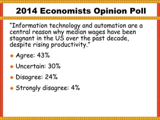 “Information technology and automation are a
central reason why median wages have been
stagnant in the US over the past decade,
despite rising productivity.”
 Agree: 43%
 Uncertain: 30%
 Disagree: 24%
 Strongly disagree: 4%
2014 Economists Opinion Poll
 