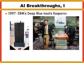  1997: IBM’s Deep Blue beats Kasparov.
AI Breakthroughs, I
 