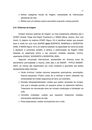25

      • Atribuir categorias iniciais de triagem; necessidade de intervenções
        salvadoras da vida;
      • Retriar com um extenso exame secundário enquanto o tempo permitir.


2.6.1 Sistemas de triagem


      Existem diversos sistemas de triagem; os mais amplamente utilizados são o
START (Simple Triage And Rapid Treatment) e o MASS (Move, Assess, Sort, and
Send). O objetivo do sistema START (figura 15) é identificar lesões que possam
levar à morte em uma hora (SUPER apud SCWARTZ, McMANUS e SWIENTON,
2008). O MASS (figura 16) é um sistema baseado na capacidade da vítima de andar
e obedecer a comandos simples, e atribuiu a padronização da triagem militar
baseada no julgamento clínico e seu princípio: imediato, atrasado, mínimo,
expectante (COULE, SCHWARTZ e SWIENTON, 2003).
      Segundo convenção internacional, apresentada em diversos livros de
atendimento pré-hospitalar e trauma, entre eles o da NAEMT - PHTLS (NAEMT,
2007), as vítimas são classificados por cores mediante a gravidade das lesões
apresentadas pelas mesmas:
      • Verde (mínima): Lesões menores (pequenas queimaduras, escoriações,
        fraturas pequenas). Podem cuidar de si mesmas e serem utilizadas nas
        necessidades da missão (segurança da cena, por exemplo);
      • Amarela (atrasada/retardada): Lesões que podem necessitar de cirurgia,
        mas que a situação permite um pequeno atraso no tratamento definitivo.
        Tratamento de manutenção deve ser iniciado (medicação e hidratação via
        oral);
      • Vermelha    (imediata):   Lesões   que   requerem   tratamento   imediato,
        intervenções salvadoras da vida;
      • Preta (expectante): Lesões incompatíveis com a vida.
 