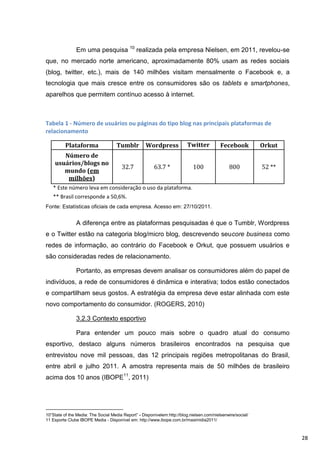 Em uma pesquisa 10 realizada pela empresa Nielsen, em 2011, revelou-se
que, no mercado norte americano, aproximadamente 80% usam as redes sociais
(blog, twitter, etc.), mais de 140 milhões visitam mensalmente o Facebook e, a
tecnologia que mais cresce entre os consumidores são os tablets e smartphones,
aparelhos que permitem contínuo acesso à internet.



Tabela 1 - Número de usuários ou páginas do tipo blog nas principais plataformas de
relacionamento

          Plataforma                 Tumblr         Wordpress             Twitter          Fecebook          Orkut
       Número de
    usuários/blogs no
                                       32.7             63.7 *               100                800          52 **
       mundo (em
        milhões)
   * Este número leva em consideração o uso da plataforma.
   ** Brasil corresponde a 50,6%.
Fonte: Estatísticas oficiais de cada empresa. Acesso em: 27/10/2011.


               A diferença entre as plataformas pesquisadas é que o Tumblr, Wordpress
e o Twitter estão na categoria blog/micro blog, descrevendo seucore business como
redes de informação, ao contrário do Facebook e Orkut, que possuem usuários e
são consideradas redes de relacionamento.

               Portanto, as empresas devem analisar os consumidores além do papel de
indivíduos, a rede de consumidores é dinâmica e interativa; todos estão conectados
e compartilham seus gostos. A estratégia da empresa deve estar alinhada com este
novo comportamento do consumidor. (ROGERS, 2010)

               3.2.3 Contexto esportivo

               Para entender um pouco mais sobre o quadro atual do consumo
esportivo, destaco alguns números brasileiros encontrados na pesquisa que
entrevistou nove mil pessoas, das 12 principais regiões metropolitanas do Brasil,
entre abril e julho 2011. A amostra representa mais de 50 milhões de brasileiro
acima dos 10 anos (IBOPE11, 2011)




10“State of the Media: The Social Media Report” - Disponívelem:http://blog.nielsen.com/nielsenwire/social/
11 Esporte Clube IBOPE Media - Disponível em: http://www.ibope.com.br/maximidia2011/



                                                                                                                     28
 