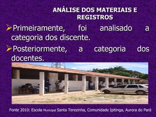 Primeiramente, foi analisado a categoria dos discente. Posteriormente, a categoria dos docentes. ANÁLISE DOS MATERIAIS E REGISTROS Fonte 2010: Escola  Municipal  Santa Terezinha, Comunidade Ipitinga, Aurora do Pará  