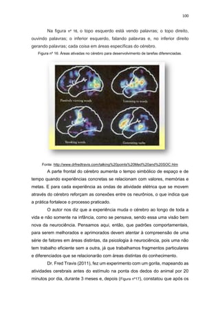 100
Na figura nº 16, o topo esquerdo está vendo palavras; o topo direito,
ouvindo palavras; o inferior esquerdo, falando palavras e, no inferior direito
gerando palavras; cada coisa em áreas específicas do cérebro.
Figura nº 16: Áreas ativadas no cérebro para desenvolvimento de tarefas diferenciadas.
Fonte: http://www.drfredtravis.com/talking%20points%20Med%20and%20SOC.htm
A parte frontal do cérebro aumenta o tempo simbólico de espaço e de
tempo quando experiências concretas se relacionam com valores, memórias e
metas. E para cada experiência as ondas de atividade elétrica que se movem
através do cérebro reforçam as conexões entre os neurônios, o que indica que
a prática fortalece o processo praticado.
O autor nos diz que a experiência muda o cérebro ao longo de toda a
vida e não somente na infância, como se pensava, sendo essa uma visão bem
nova da neurociência. Pensamos aqui, então, que padrões comportamentais,
para serem melhorados e aprimorados devem atentar à compreensão de uma
série de fatores em áreas distintas, da psicologia à neurociência, pois uma não
tem trabalho eficiente sem a outra, já que trabalhamos fragmentos particulares
e diferenciados que se relacionarão com áreas distintas do conhecimento.
Dr. Fred Travis (2011), fez um experimento com um gorila, mapeando as
atividades cerebrais antes do estímulo na ponta dos dedos do animal por 20
minutos por dia, durante 3 meses e, depois (Figura nº17), constatou que após os
 