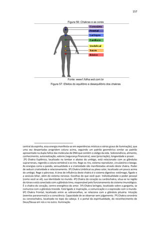 157
Figura 56: Chakras e as cores
Fonte: www1.folha.wol.com.br
Figura 57: Efeitos do equilíbrio e desequilíbrio dos chakras
central da espinha, essa energia manifesta-se em experiências místicas e vários graus de iluminação), que
uma vez despertadas progridem coluna acima, seguindo um padrão geométrico similar ao padrão
apresentado na dupla hélice das moléculas de DNA que contém o código da vida. Sobrevivência, alimento,
conhecimento, autorealização, valores (segurança financeira), sexo (procriação), longevidade e prazer.
2º) Chakra Esplênico, localizado na lombar e abaixo do umbigo, está relacionado com as glândulas
suprarrenais, regendo a coluna vertebral e os rins. Rege os rins, sistema reprodutor, circulatório e bexiga.
As energias como a paixão, sensualidade e a criatividade são manifestadas através deste chakra. Poder
de seduzir criatividade e relacionamento. 3º) Chakra Umbilical ou plexo solar, localizado um pouco acima
do umbigo. Rege o pâncreas. A área de influência deste chakra é o sistema digestivo: estômago, fígado e
a vesícula biliar, além do sistema nervoso. Escolhas do que você quer. Individualidade e poder pessoal
(como você se vê), sua identidade no mundo. 4º) Chakra do coração ou cardiochakra, situa-se na região
do tórax e está conectado com a glândula timo, responsável pelo funcionamento do sistema imunológico.
É o chakra do coração, centro energético do amor. 5º) Chakra laríngeo, localizado sobre a garganta, se
comunica com a glândula tireoide. Está ligado à inspiração, a comunicação e a expressão com o mundo.
6º) Chakra Frontal, localizado entre as sobrancelhas, se relaciona com a glândula pituária. Intuição
(eventos paranormais) e a consciência. Capacidade de se observar sem julgamento. 7º) Chakra coronário
ou coronochakra, localizado no topo da cabeça. E o portal da espiritualidade, do reconhecimento de
Deus/Deusa em nós e no outro. Iluminação.
 