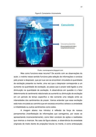 77
Figura 9: Consciente e Inconsciente
Fonte: cosmicapoeira.blogspot.com
Mas como funciona esse recurso? De acordo com as observações do
autor, o instinto nesse sentido funciona pela seleção de informações e conduta
pelo prazer e desprazer, que por sua vez se encontram vinculados à quantidade
de excitação presente na mente, uma vez que o desprazer corresponde a um
aumento na quantidade de excitação, ao passo que o prazer está ligado a uma
diminuição na quantidade de excitação. A observância em questão é o fator
determinante do sentimento relacionado ao aumento ou diminuição de excitação
em um período de tempo específico e não somente uma relação entre as
intensidades dos sentimentos de prazer. Vamos entender que essa excitação
está mais vinculada ao caminho que em excesso encontra o stress e a ansiedade
e irritabilidade ou outros sentimentos como estes.
A imagem abaixo nos introduz à reflexão da força de nossos
pensamentos (manifestação de informações que carregamos, por vezes se
apresentando inconscientemente), como fator condutor de ações e realidades
que viremos a vivenciar. No caso da figura abaixo, a observância da ansiedade
originada de medo diante de projeções futuras na mente, é como antecipação
 