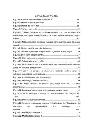 LISTA DE ILUSTRAÇÕES
Figura 1: Crianças fantasiadas de super-heróis...............................................38
Figura 2: Menino e ídolo super-herói................................................................39
Figura 3: Menino de super man........................................................................42
Figura 4: Signo e representamem......................................................................61
Figura 5: Emoção. Esquema signos derivados da emoção que se relacionam
diretamente com signos imagéticos que por sua vez, derivam de signos- objeto-
matéria...............................................................................................................63
Figura 6: Modelo semiótico de relação humana, como exemplo, caso de abuso
sexual.................................................................................................................67
Figura 7: Modelo semiótico de relação humana 2..............................................68
Figura 8: Semiose e possíveis interpretações originárias de outro signo...........69
Figura 9: Consciente e Inconsciente...................................................................77
Figura 10: Ciclo vicioso de ansiedade................................................................78
Figura 11: Subconsciente em conflito.................................................................85
Figura 12: Diminuição de atividade parte frontal cerebral durante sonho e outras
áreas em atividade de reparação.......................................................................97
Figura 13: Estados da consciência relacionando conteúdo mental e senso de
self. Aqui dois estados da consciência...............................................................98
Figura 14: Atividades cerebrais durante o sono.................................................98
Figura 15: Localização do sistema límbico.........................................................99
Figura 16: Áreas ativadas no cérebro para desenvolvimento de tarefas
diferenciadas....................................................................................................100
Figura 17: Áreas cerebrais ativadas antes e depois do experimento................101
Figura 18: Tabela com quatro estados da consciência conforme pesquisa Dr.
Travis...............................................................................................................104
Figura 19: Dimensão vertical da mente............................................................105
Figura 20: tabela do resultado de pesquisa por seleção do tipo de palavras, de
respostas de questionários dos indivíduos, por
software...........................................................................................................107
Figura 21: Meditação Shinsokan 1...................................................................114
Figura 22: Meditação Shinsokan 2...................................................................115
 