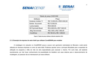 21
Figura 2 Tabela de preço software referente setembro 2014
2.1.2 Exemplo de empresa do setor têxtil que utilizam CorelDRAW para modelar
A modelagem do vestuário no CorelDRAW pouco a pouco vem ganhando notoriedade do Mercado e está sendo
utilizada em diversas empresas no ramo do setor têxtil. Podemos apontar como a principal dificuldade para a expansão da
utilização do programa a falta de mão de obra especializada para executar o mesmo. Por outro lado, até bastante
recentemente, por não haver conhecimento da possibilidade de trabalhar com esse sistema para o desenvolvimento de
modelagens, as pessoas não se interessavam por esse software.
 