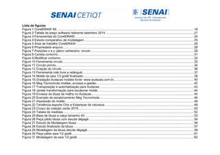 Lista de figuras:
Figura 1 CorelDRAW X6 .......................................................................................................................................................... 18
Figura 2 Tabela de preço software referente setembro 2014 ................................................................................................... 21
Figura 3 Ferramentas do CorelDRAW ..................................................................................................................................... 24
Figura 4 Estudo comparativo de modelagem ........................................................................................................................... 25
Figura 5 Área de trabalho CorelDRAW .................................................................................................................................... 26
Figura 6 Propriedade arquivo................................................................................................................................................... 28
Figura 7 Posições x e y, plano cartesiano, circulo.................................................................................................................... 29
Figura 8 Caneta contorno......................................................................................................................................................... 31
Figura 9 Modificar contorno...................................................................................................................................................... 32
Figura 10 Ferramenta circulo ................................................................................................................................................... 33
Figura 11 Circulo pronto........................................................................................................................................................... 34
Figura 12 Criação do circulo .................................................................................................................................................... 36
Figura 13 Ferramenta mão livre e retângulo ............................................................................................................................ 37
Figura 14 Molde da saia 1/2 godê finalizado ............................................................................................................................ 38
Figura 15 Gradação Audaces moldes fonte: www.audaces.com.br.......................................................................................... 40
Figura 16 Meg Tecnomoda moldes, encaixe e gestão. ............................................................................................................ 42
Figura 17 Transposição e automatização para Audaces.......................................................................................................... 43
Figura 18 Janela transformação para escalonar molde............................................................................................................ 44
Figura 19 Encaixe da blusa de malha no Audaces................................................................................................................... 45
Figura 20 Exemplo de escalonamento Meg Tecnomoda.......................................................................................................... 46
Figura 21 Impressão do molde................................................................................................................................................. 48
Figura 22 Tendência esporte Chic e Estampas da natureza .................................................................................................... 49
Figura 23 Croqui da coleção verão 2015.................................................................................................................................. 50
Figura 24 Tabela de medidas................................................................................................................................................... 52
Figura 25 Base de blusa e calça tamanho 40 .......................................................................................................................... 53
Figura 26 Peça piloto blusa com decote dégagé...................................................................................................................... 54
Figura 27 Estudo de Modelagem blusa.................................................................................................................................... 56
Figura 28 Estudo finalizado da blusa ....................................................................................................................................... 57
Figura 29 Modelagem da blusa decote dégagé........................................................................................................................ 58
Figura 30 Peça piloto saia 1/2 godê ......................................................................................................................................... 61
Figura 31 Modelagem da saia 1/2 godê ................................................................................................................................... 62
 